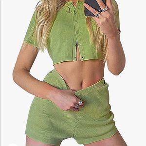 Y2K green ribbed two piece set